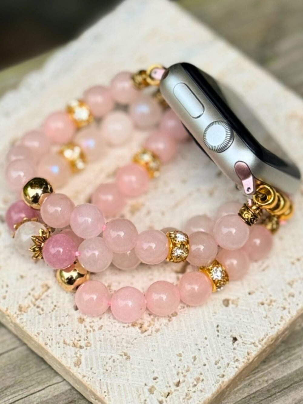 Apple Watch Band 42/44mm Rose Quartz Moonstone Beaded Stainless Steel Bracelet